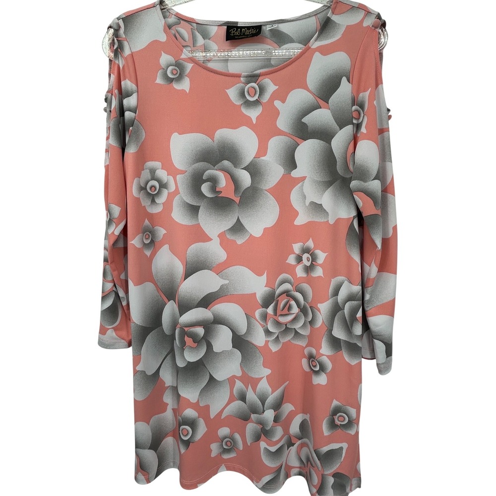Bob Mackie Wearable Art Coral Floral Cold Shoulder Dress Small Long Sleeve - Picture 2 of 8